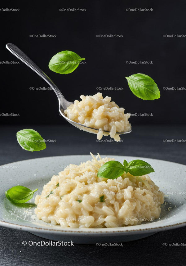 Creamy risotto with fresh basil leaves on plate