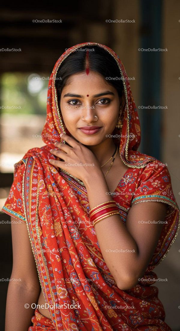 Elegant Indian Woman in Red Saree with Traditional Jewelry