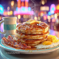 Stack of Fluffy Pancakes with Syrup Bacon and Coffee