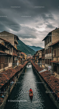 Scenic canal lined with traditional houses and a boat under cloudy skies