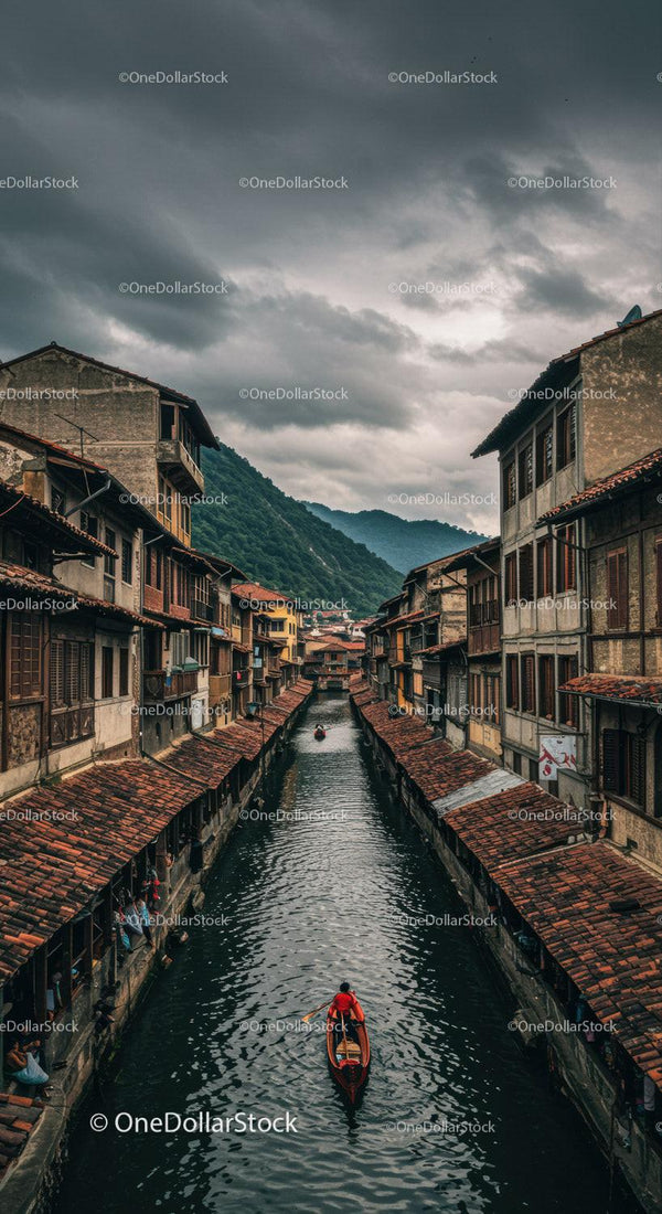 Scenic canal lined with traditional houses and a boat under cloudy skies