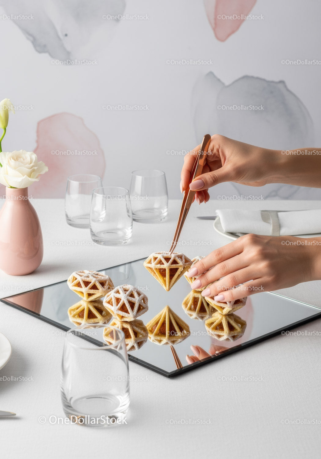 Elegant Dessert Presentation with Golden Utensils and Waffle Wreaths