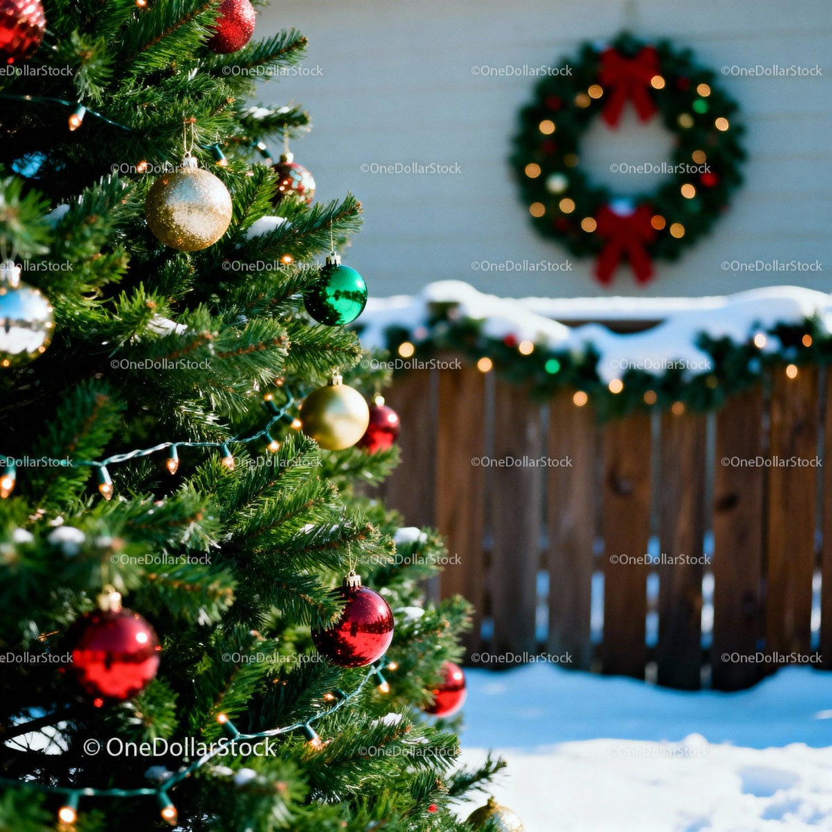 Festive Christmas Tree and Wreath in Snowy Backyard