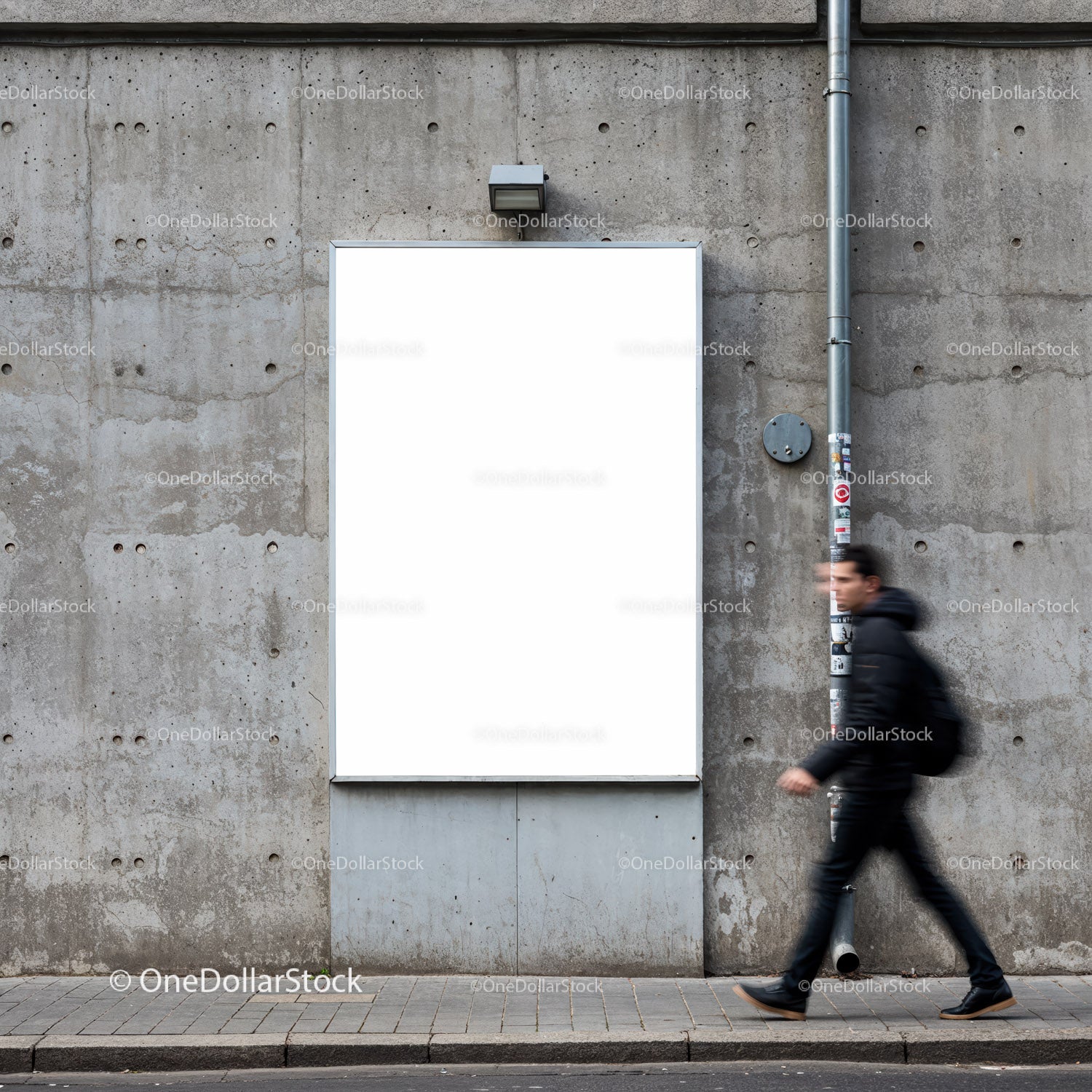 Urban Street Scene with Blank Billboard and Walking Man
