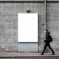 Urban Street Scene with Blank Billboard and Walking Man