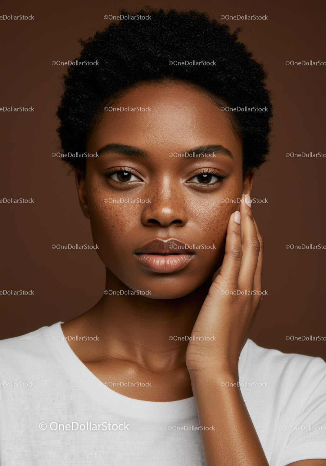 Elegant Portrait of a Black Woman with Natural Freckles and Curly Hair