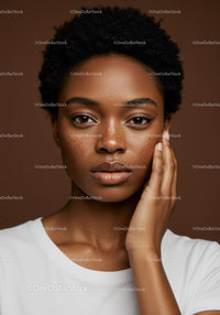 Elegant Portrait of a Black Woman with Natural Freckles and Curly Hair
