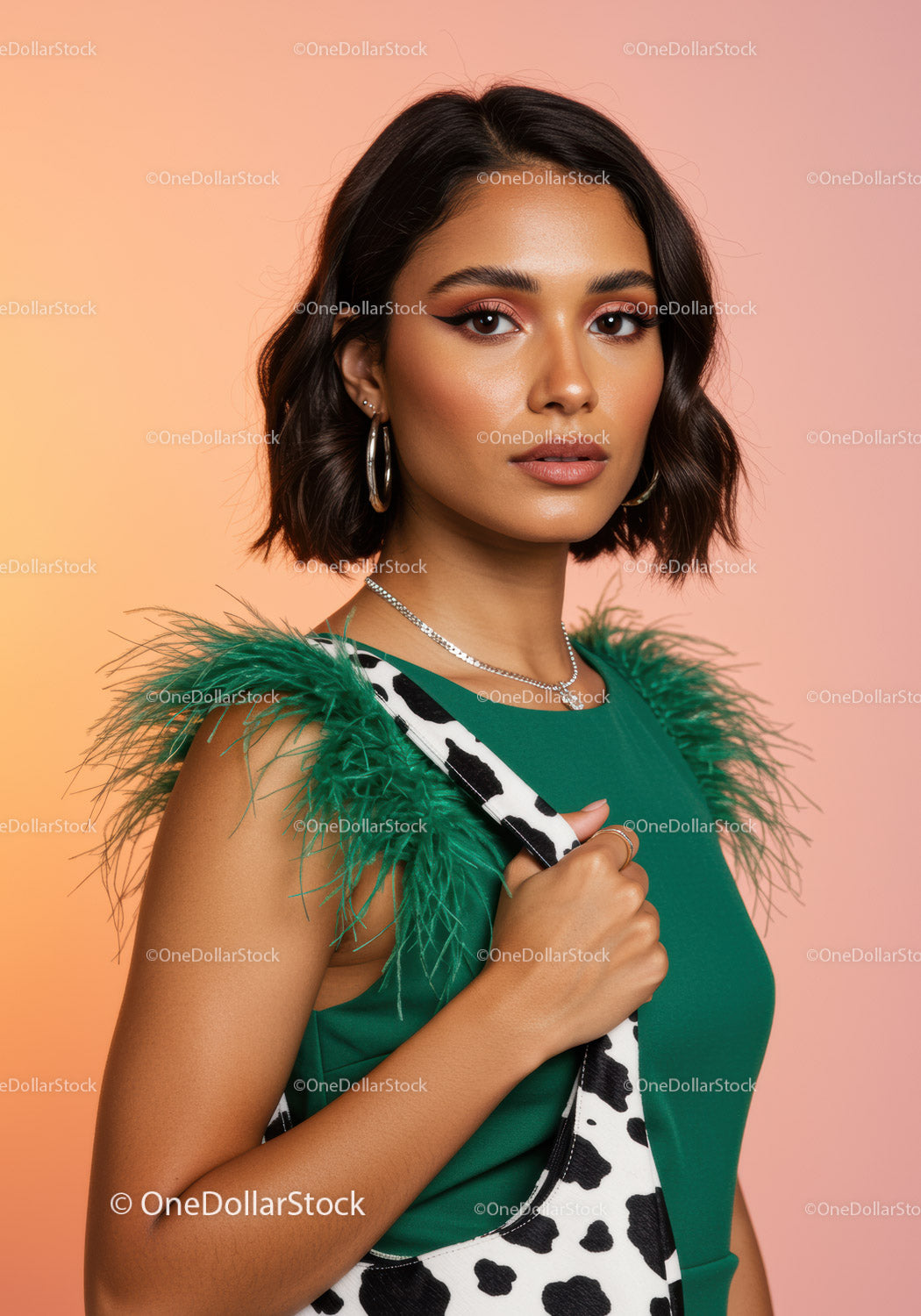 Fashion Portrait of a Trendy Woman in Green Top and Animal Print Dress