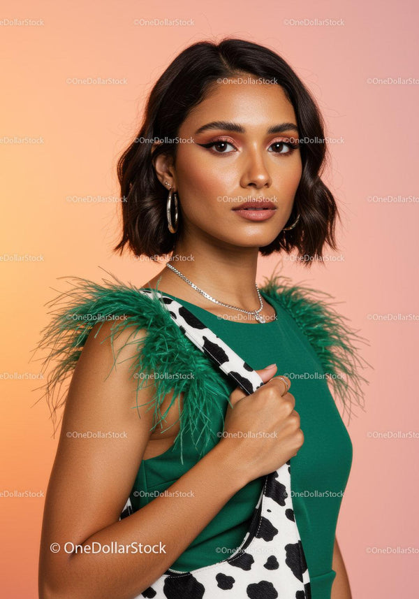 Fashion Portrait of a Trendy Woman in Green Top and Animal Print Dress