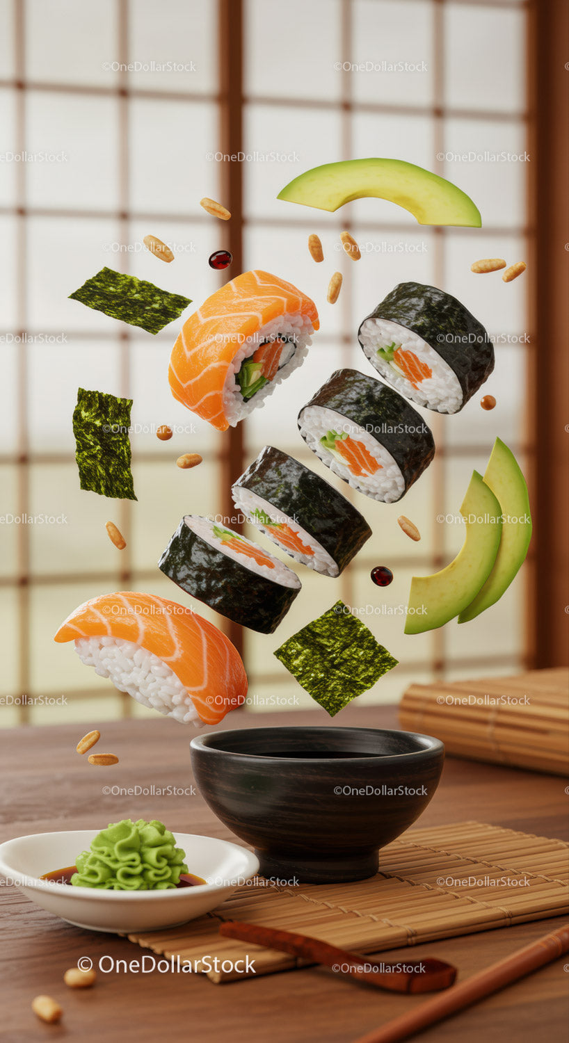 Fresh sushi assortment with avocado slices and wasabi
