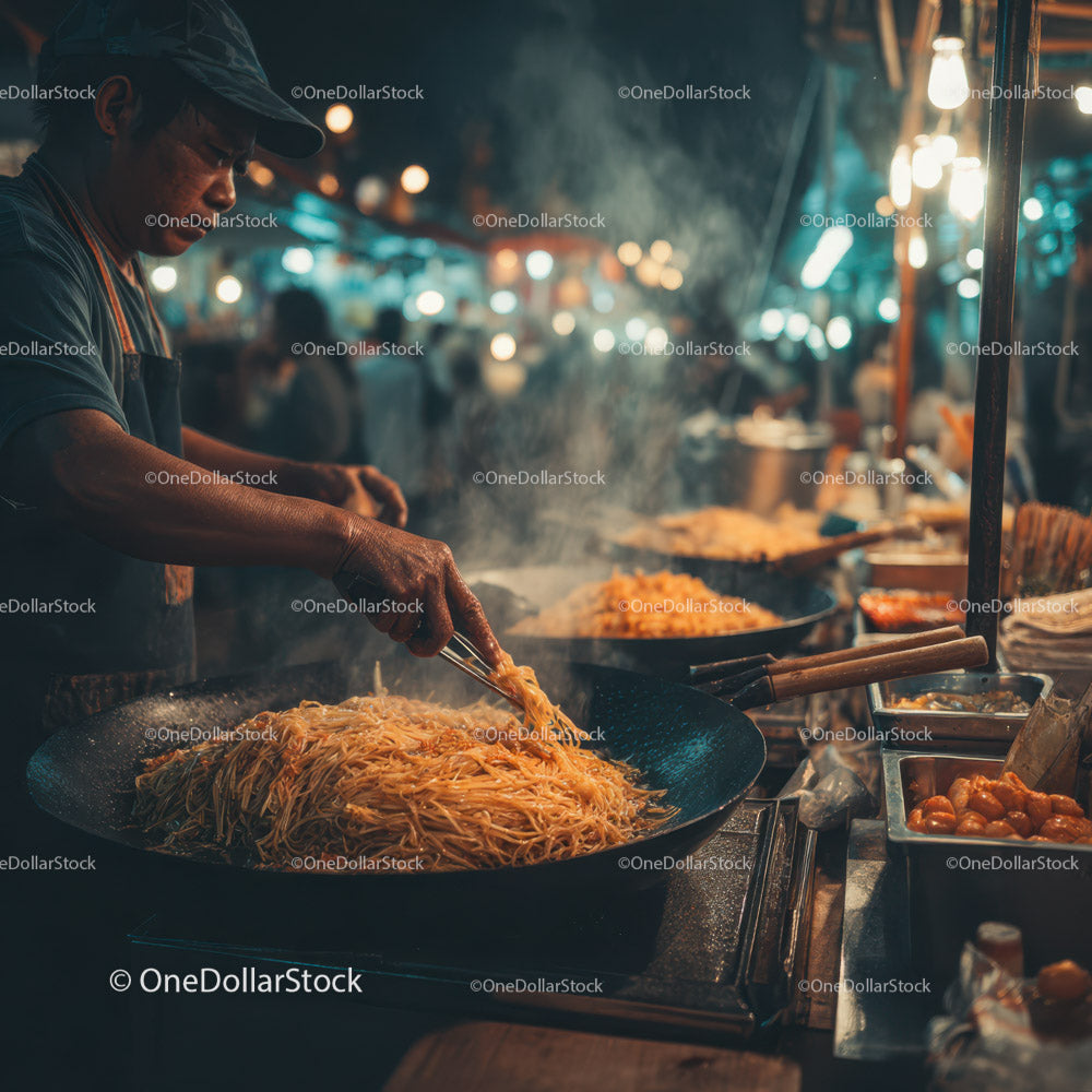 Street Food Vendor Cooking Noodles at Night in Vibrant Market