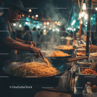 Street Food Vendor Cooking Noodles at Night in Vibrant Market
