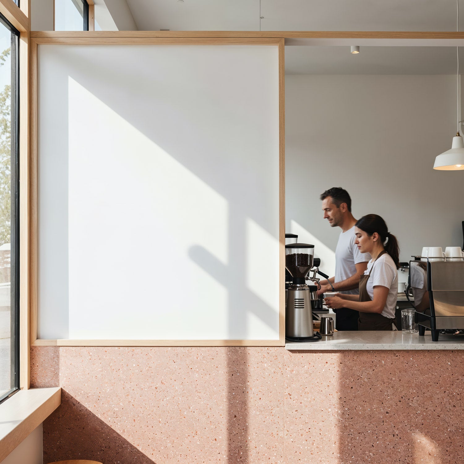 Baristas preparing coffee in bright modern cafe interior