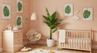 Serene Baby Nursery with Tropical Plant and Wall Art Decor