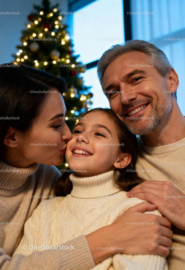 Happy family sharing warm moments by Christmas tree