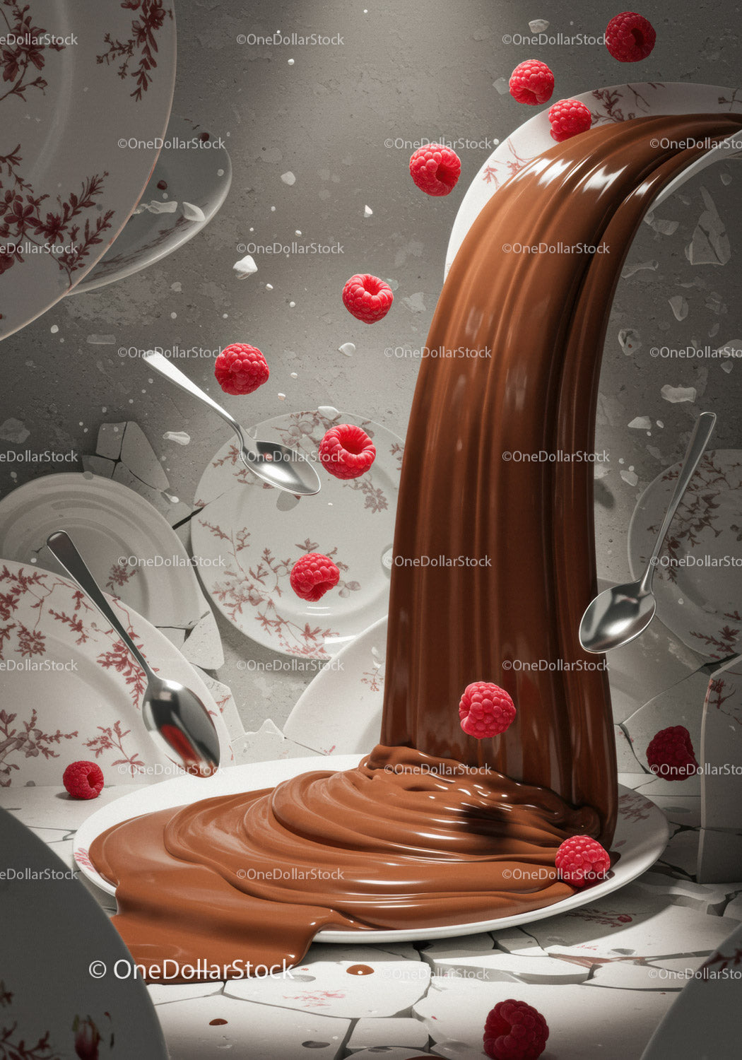 Rich chocolate sauce pouring over vintage plates with raspberries