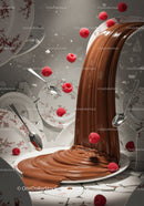 Rich chocolate sauce pouring over vintage plates with raspberries