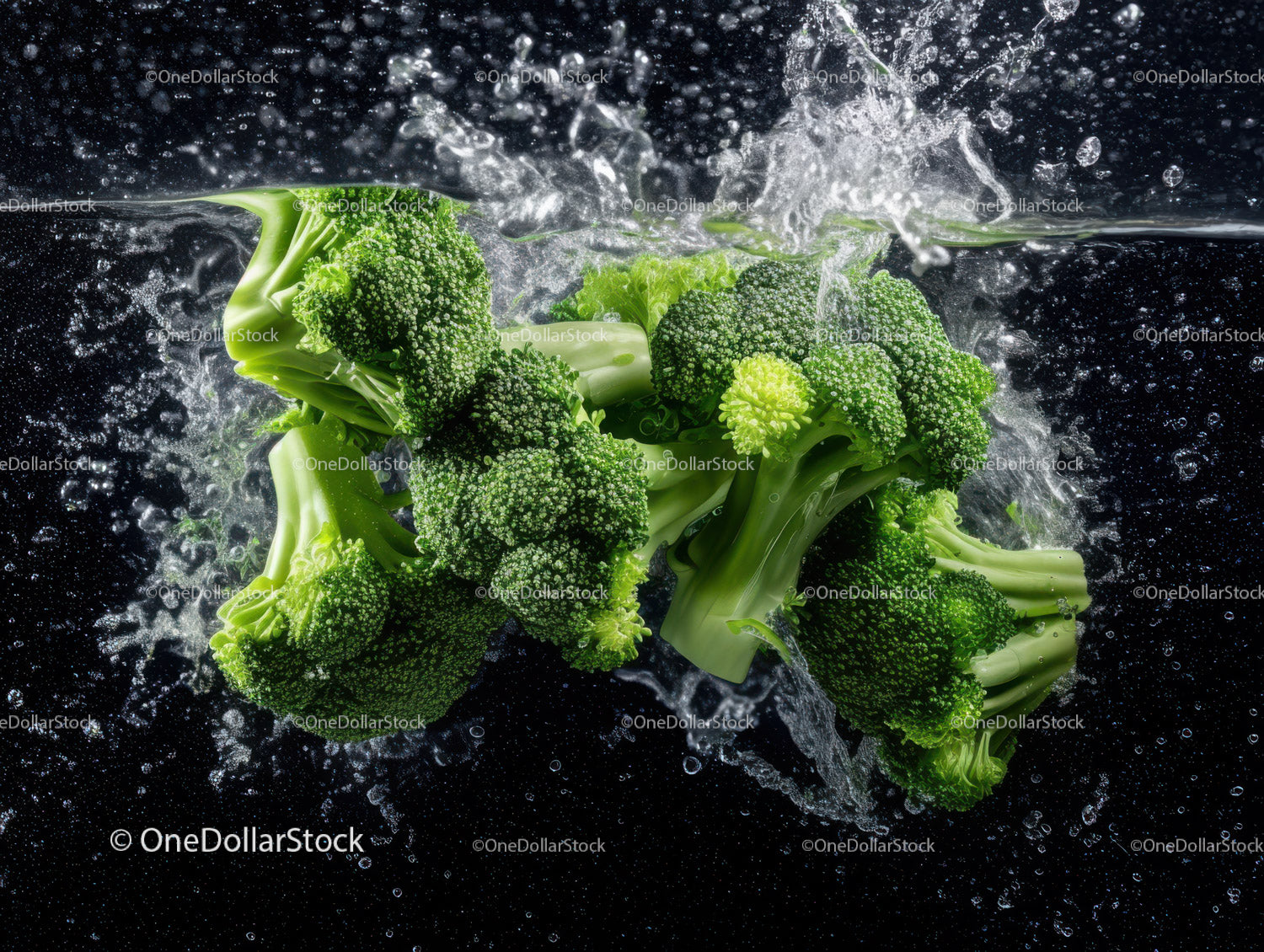 Fresh Green Broccoli Florets in Water Splash for Health and Cooking