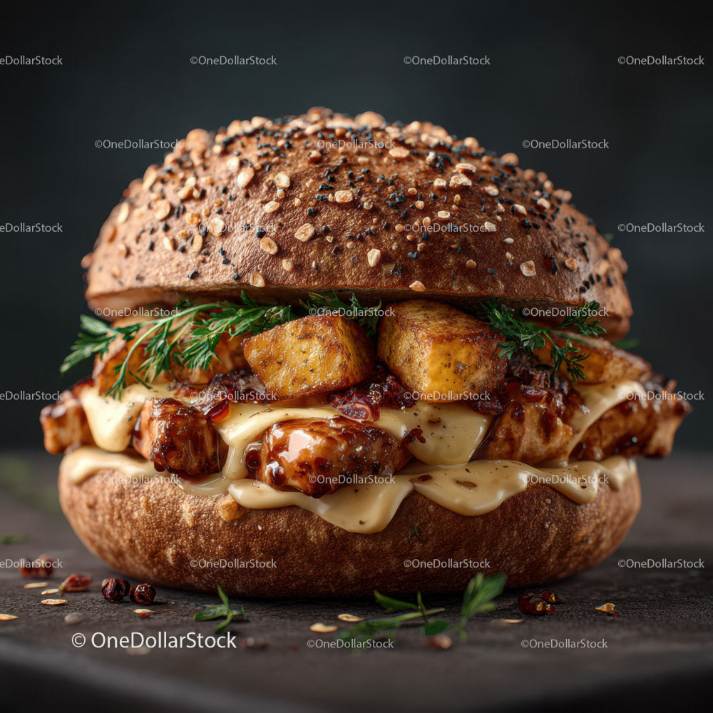 Wykwintny burger z kurczaka z ziemniakami i świeżymi ziołami