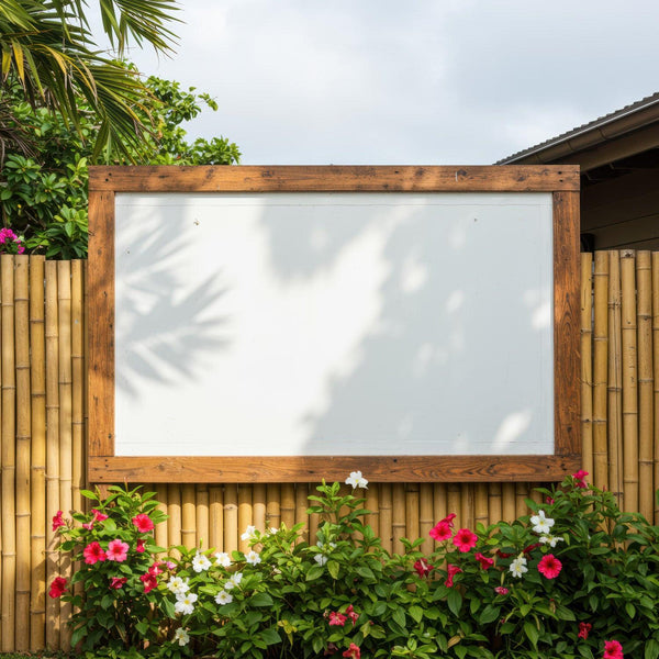 Empty Wooden Frame on Bamboo Fence with Colorful Flowers JPG Mockup Image