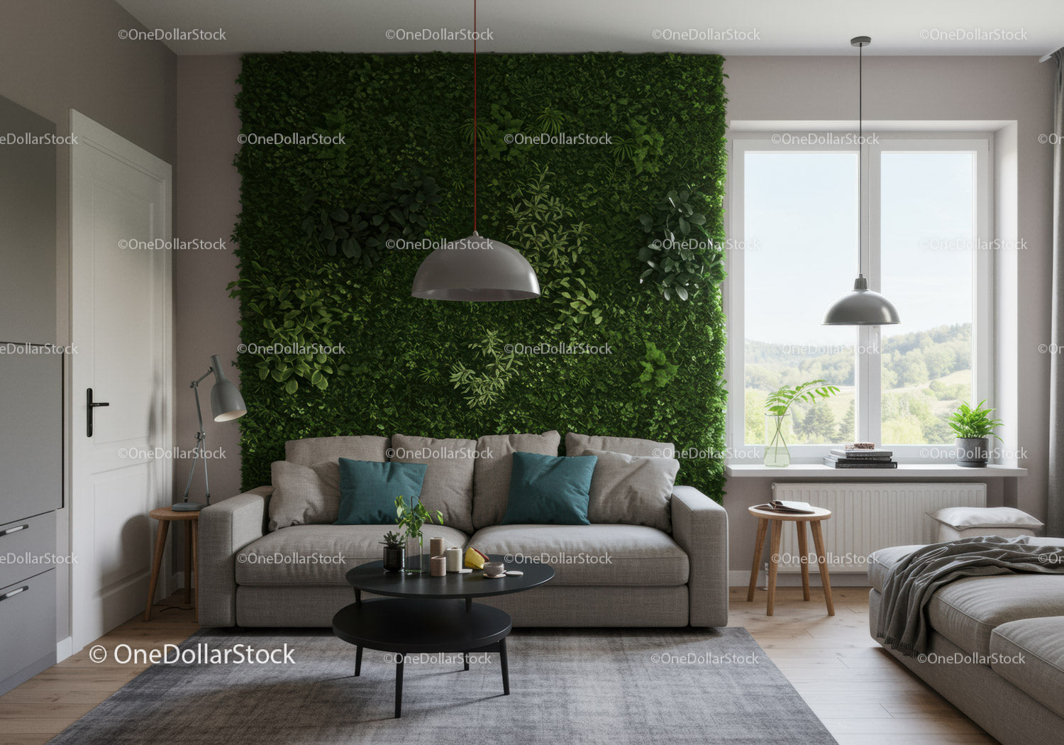 Modern Living Room with Green Wall and Cozy Sofa in Bright Space