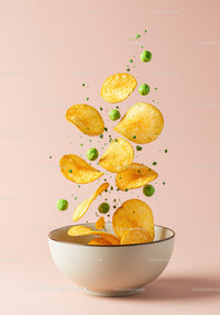 Crispy Potato Chips and Green Peas Flying Above Bowl