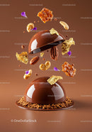 Floating chocolate dome dessert with nuts and gold flakes