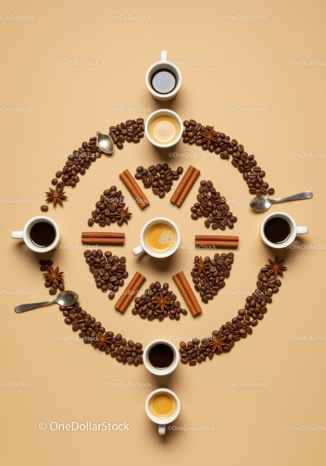 Top view of coffee cups and beans with spices