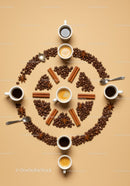Top view of coffee cups and beans with spices