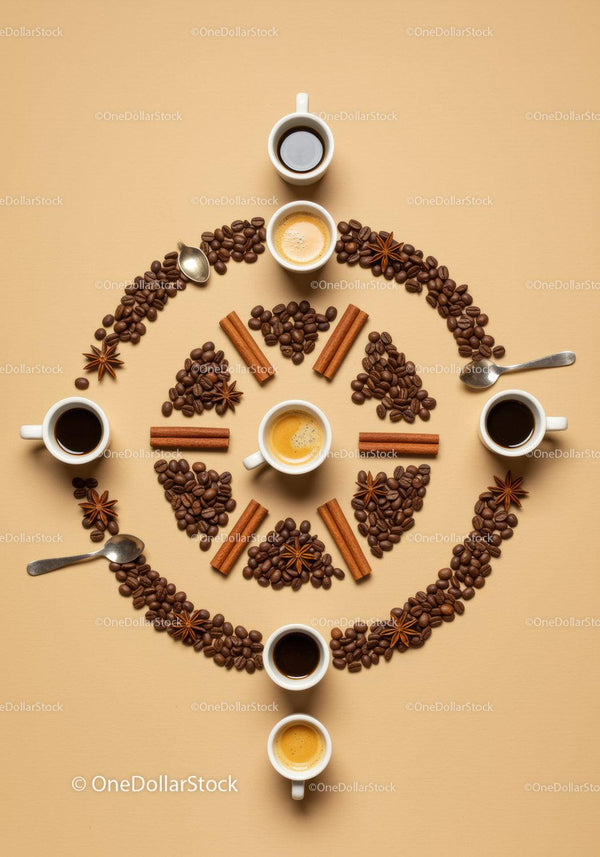 Top view of coffee cups and beans with spices