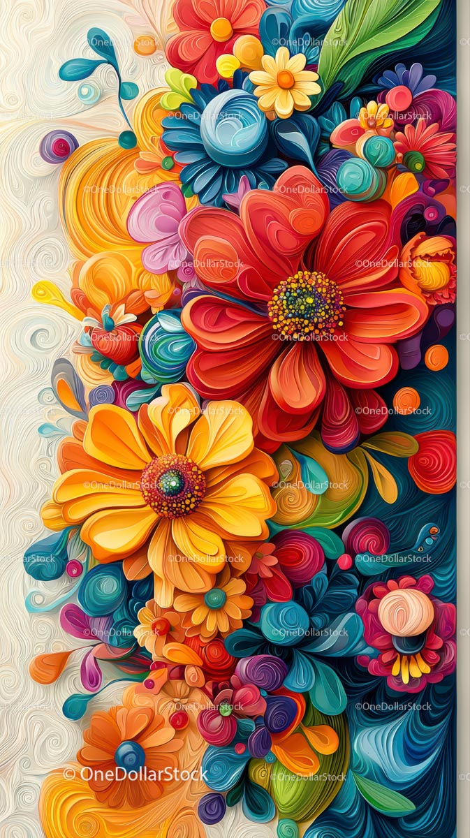 Vibrant Abstract Floral Arrangement with Colorful Petals and Leaves