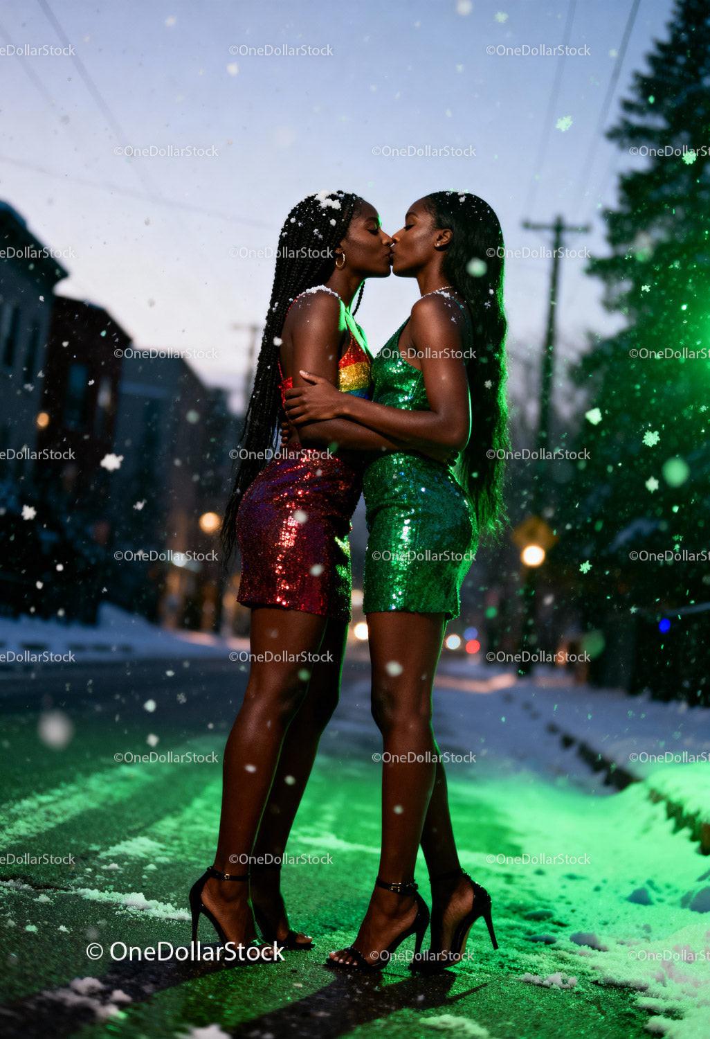 Couple Sharing a Tender Kiss in Sparkling Dresses