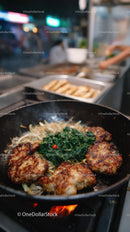 Street Food Fried Fish Fillets with Sautéed Greens Cooking in Skillet