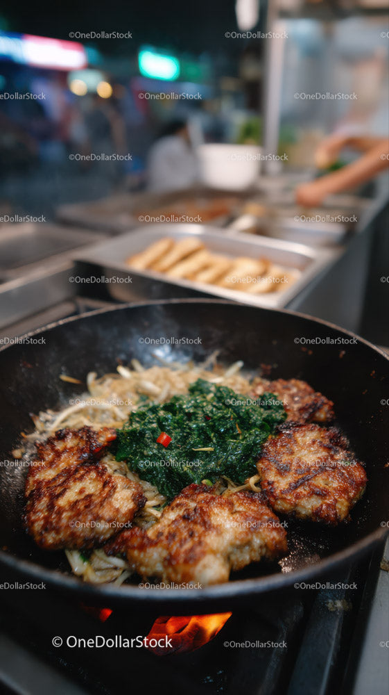 Street Food Fried Fish Fillets with Sautéed Greens Cooking in Skillet