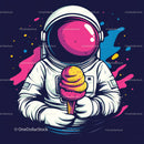 Colorful Astronaut Holding Ice Cream in Space with Galaxy Reflection