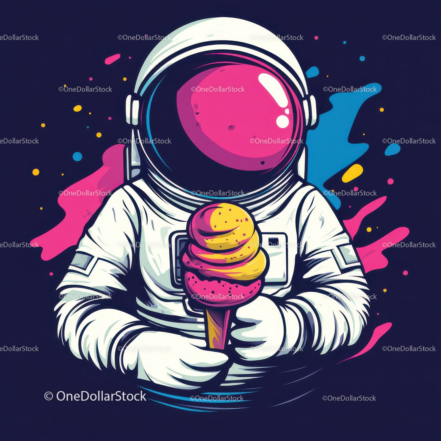 Colorful Astronaut Holding Ice Cream in Space with Galaxy Reflection