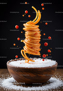 Creative spaghetti twirl with tomato sauce droplets