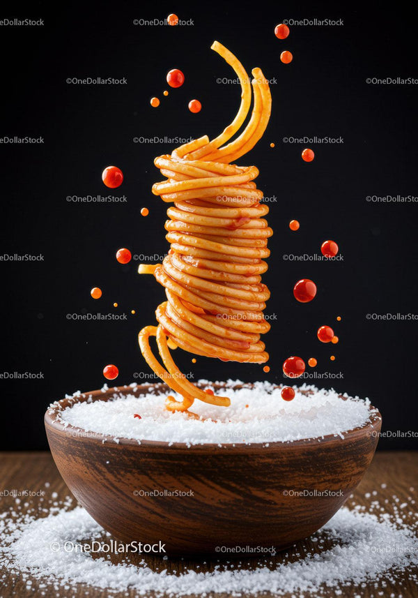 Creative spaghetti twirl with tomato sauce droplets
