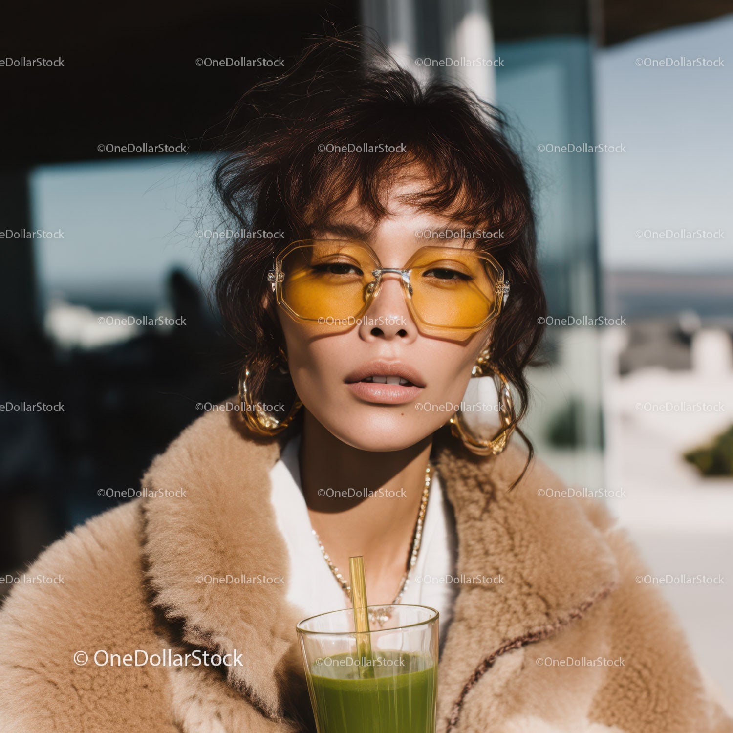 Stylish Woman Wearing Yellow Sunglasses Sitting Outdoors During Daylight
