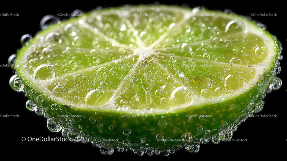 Fresh Lime Slice with Bubbles on Black Background