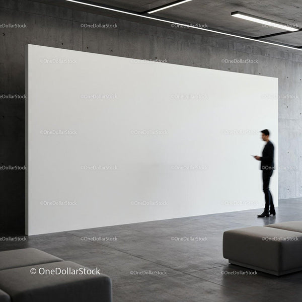 Man using smartphone near empty white art wall in gallery JPG Mockup Image