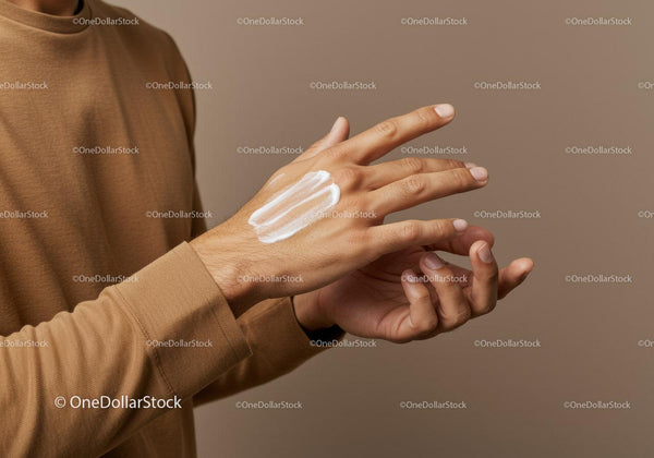 Woman Applying Hand Cream in Skincare Routine with Neutral Background