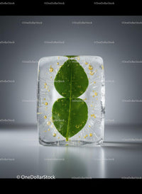 Fresh green leaves encased in crystal clear ice cube