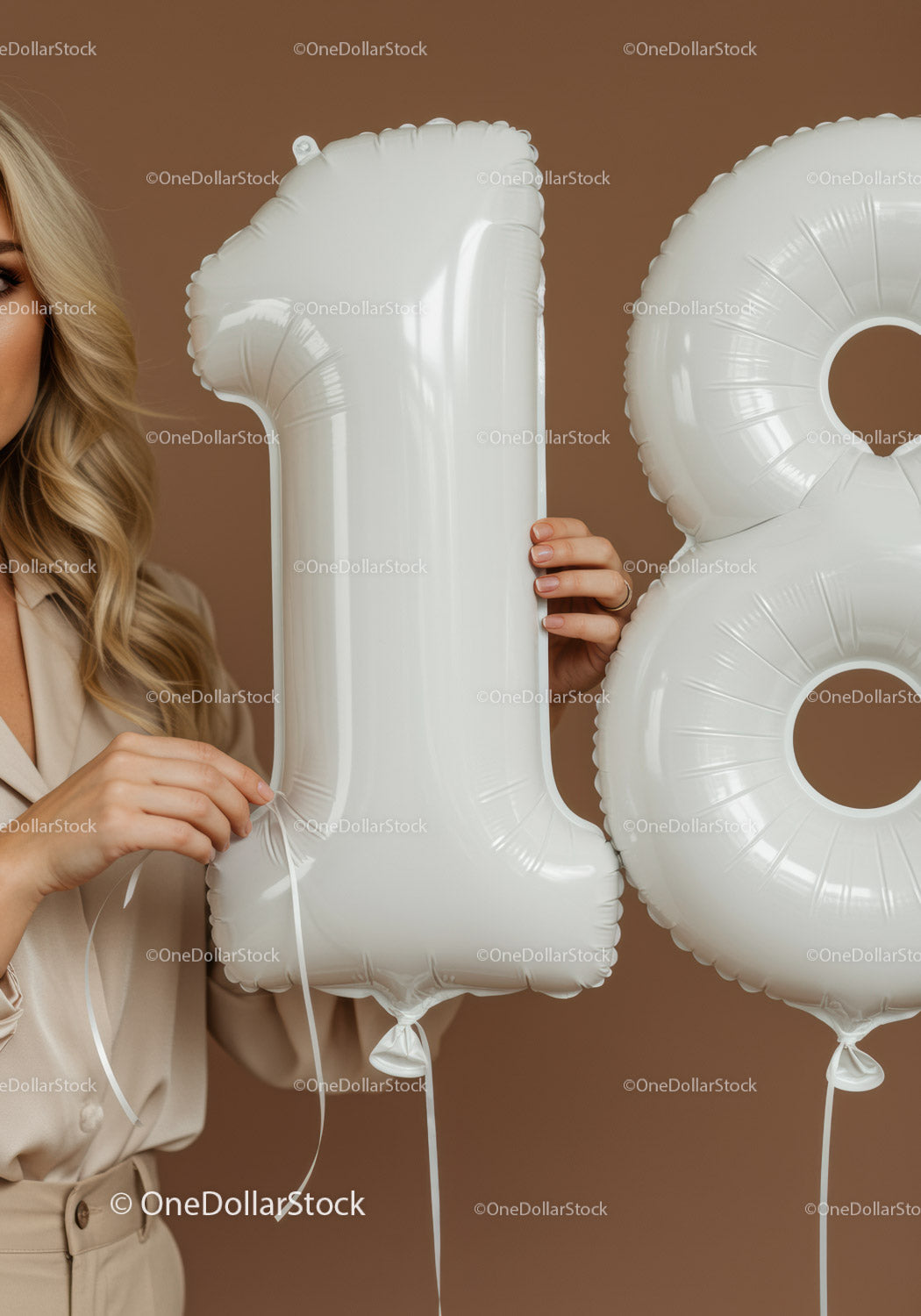 Woman Holding White Number 18 Balloons on Brown Background