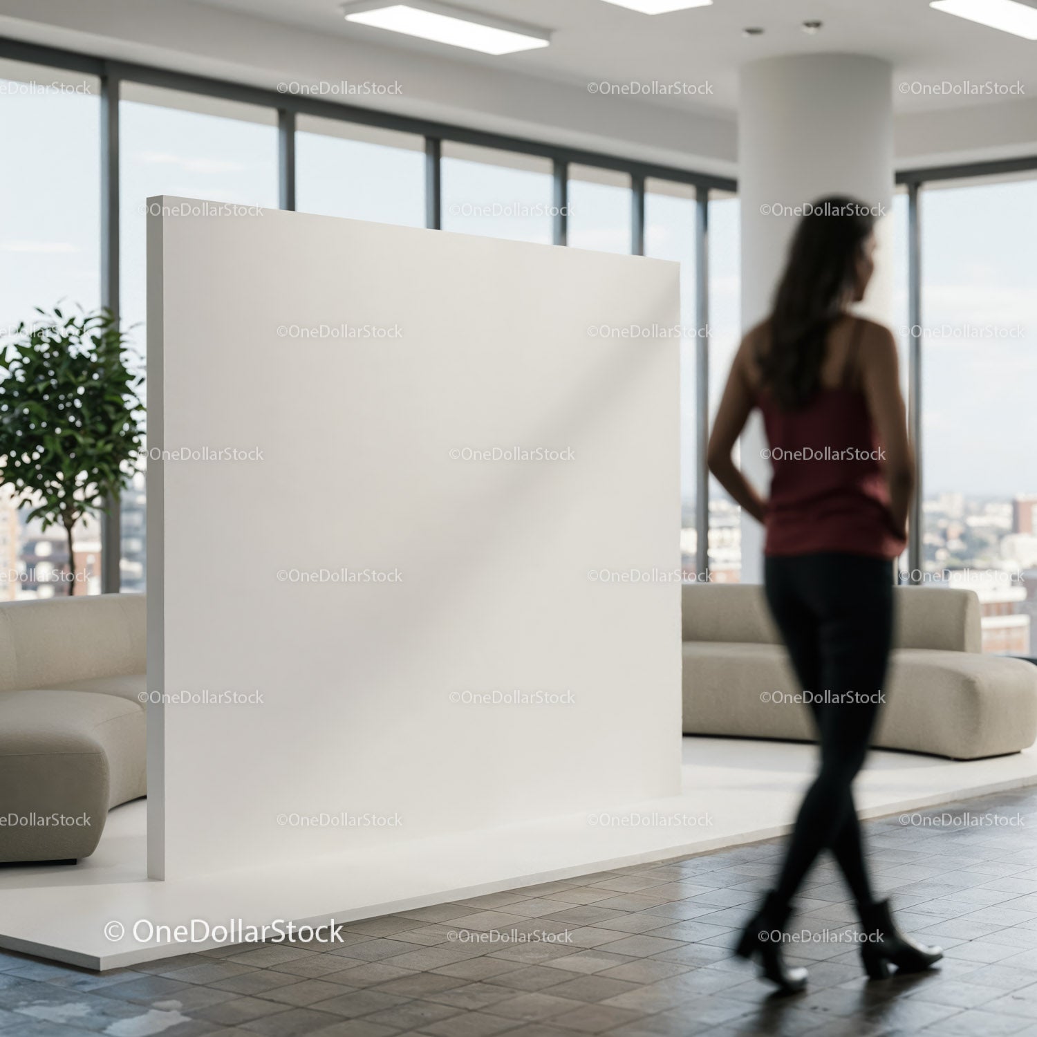 Modern office interior with blank white display board