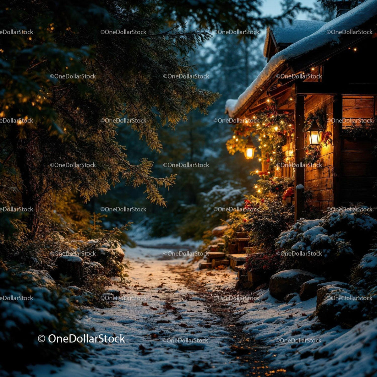 Cozy Winter Cabin Pathway Lit by Warm Lights