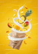 Tropical fruit powder with creamy milk splash on yellow