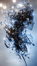 Futuristic Abstract Glass Head Sculpture with Metallic Elements