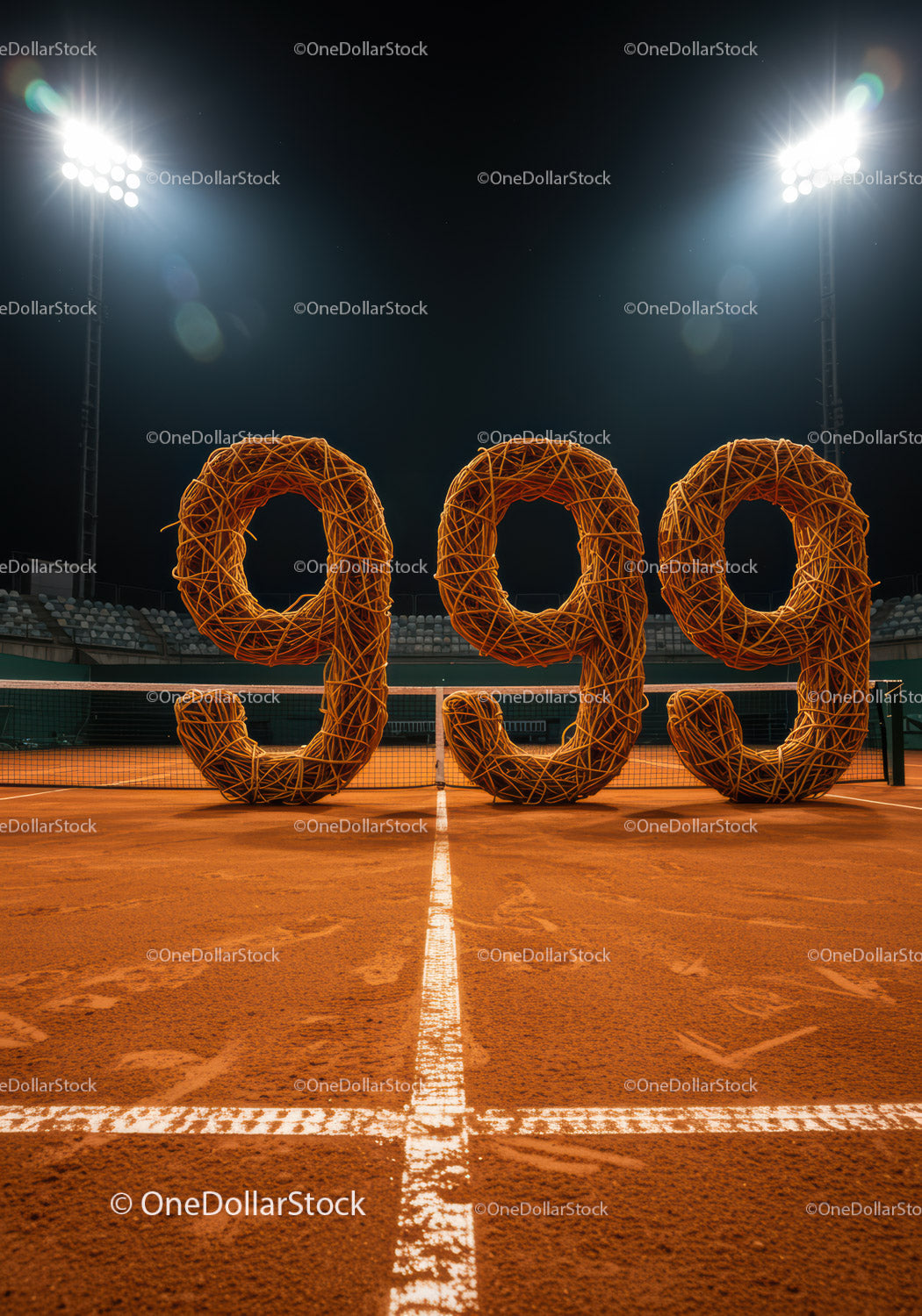 Clay tennis court with artistic 999 numbers at night