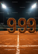 Clay tennis court with artistic 999 numbers at night